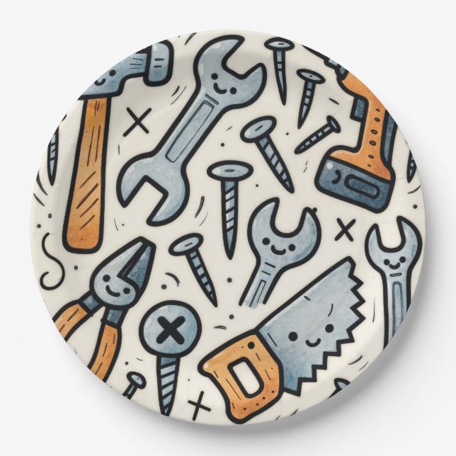 DIY Tools Doodle Cartoon Paper Plate (Front)