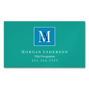 DIY White/Blue Monogram Name White Frame, Teal Magnetic Business Card
