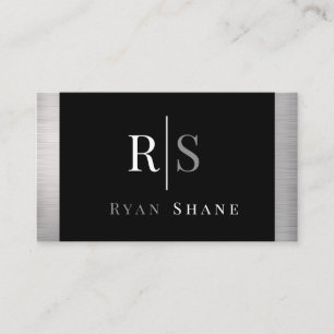 DIY White & Grey Monogram & Name, Black & Silver Business Card