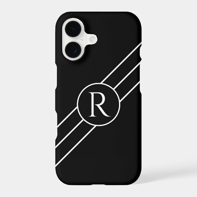 DIY White Monogram in Circle, Diagonal Lines Black iPhone Case (Back)