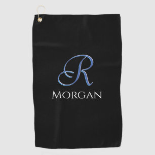 DIY White Name & Large 3-D Initial Med Blue, Black Golf Towel