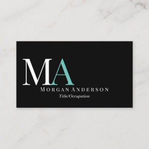DIY White & Teal Monogram Name, Black/Silver Business Card