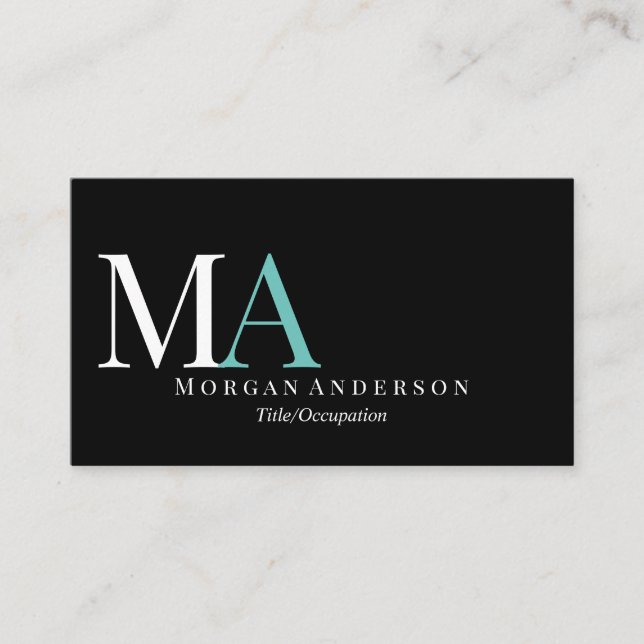 DIY White & Teal Monogram Name, Black/Silver Business Card (Front)