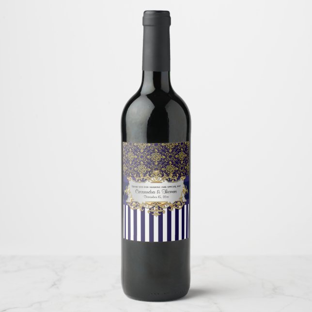 DIY & Wht V Stripe, Gold Damask Wine Bottle Label (Front)