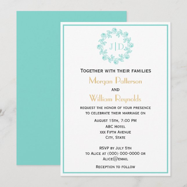 DIY Wreath of Roses 2 Initial Wedding Monogram CO2 Invitation (Front/Back)