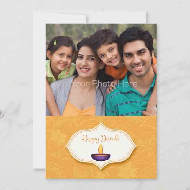 Diya on Gold Paisley, Diwali Photo Card (Front)