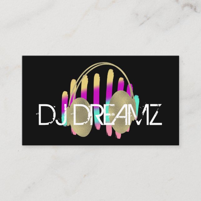 DJ Business Music Producer Neon and Faux Gold Business Card (Front)