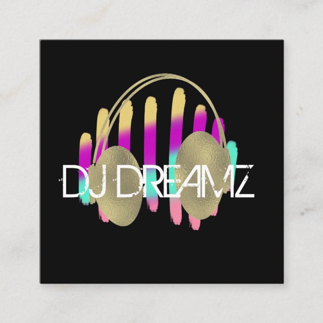 DJ Business Music Producer Neon and Faux Gold Square Business Card (Front)