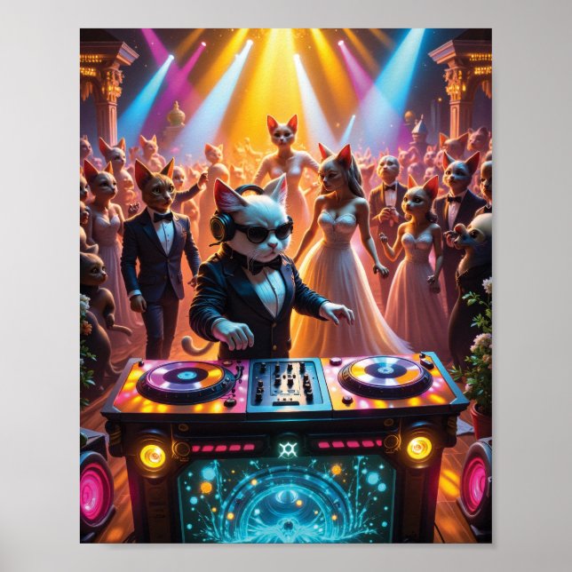 DJ Cat at a Glamourous Feline Ballroom Party Poster (Front)