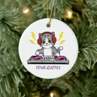 DJ Cat Cartoon – Cool Music Lover Illustration Ceramic Tree Decoration