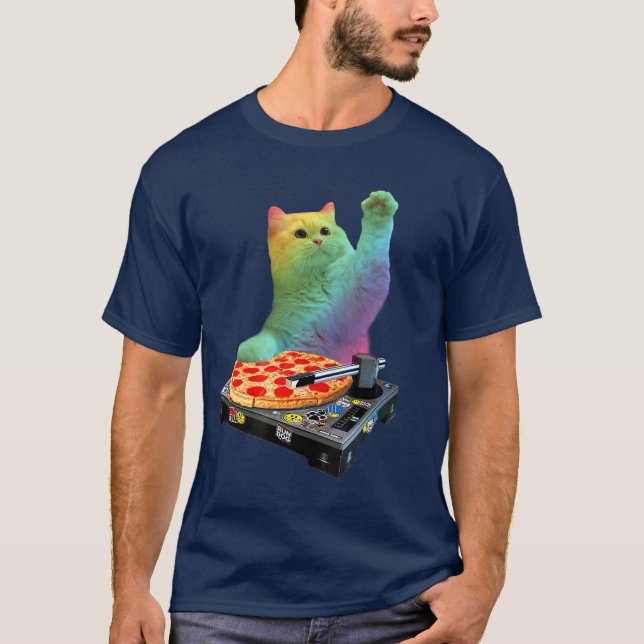 DJ Cat  Cat DJ Pizza EDM Music Cute White Kitty T-Shirt (Front)