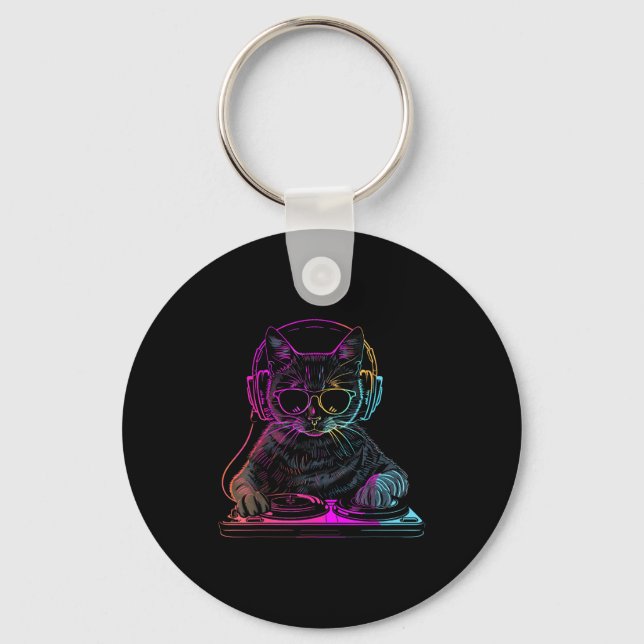 Dj Cat Edm Techno House Music Funny Cat Lover For  Key Ring (Front)