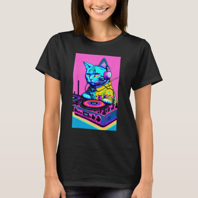 DJ Cat Headphones Turntable DJ Mixer Dreamwave Sty T-Shirt (Front)