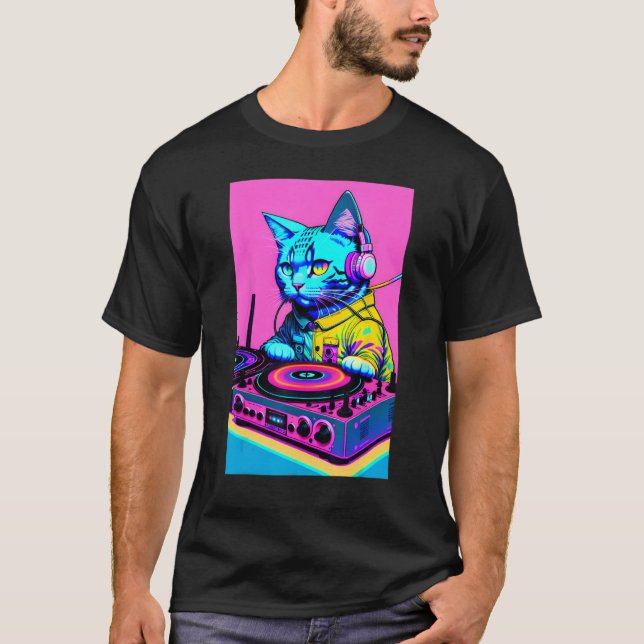 DJ Cat Headphones Turntable DJ Mixer Dreamwave Sty T-Shirt (Front)