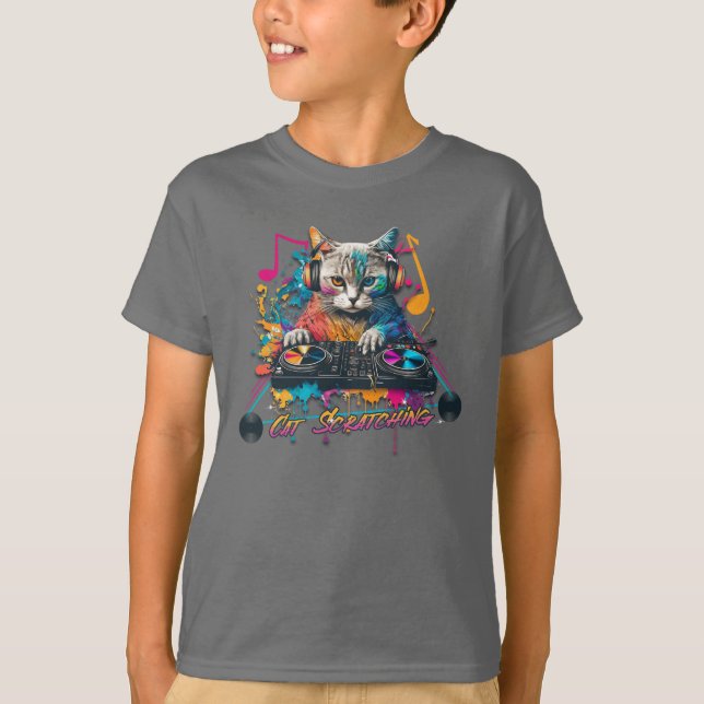 Dj Cat Scratching Record Music Design T-Shirt (Front)