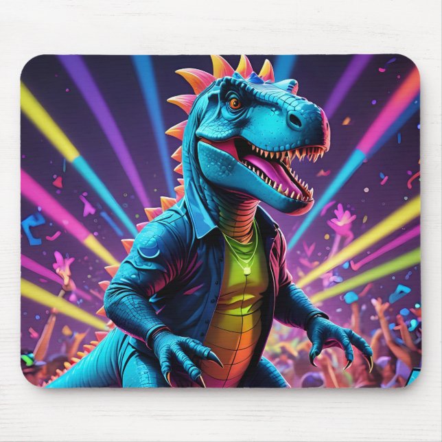 DJ Dinosaur Party With Neon Lights Mouse Mat (Front)