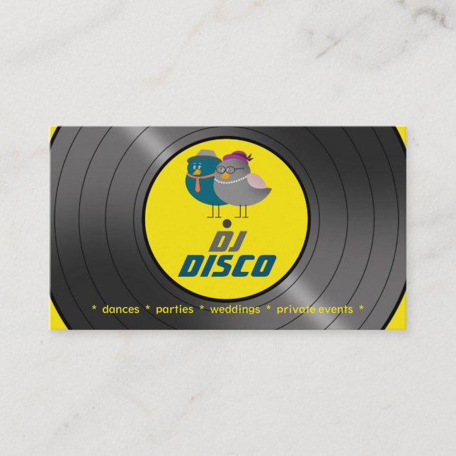 DJ Disco Music Retro Vinyl Record Bird Couple Chic Business Card (Front)