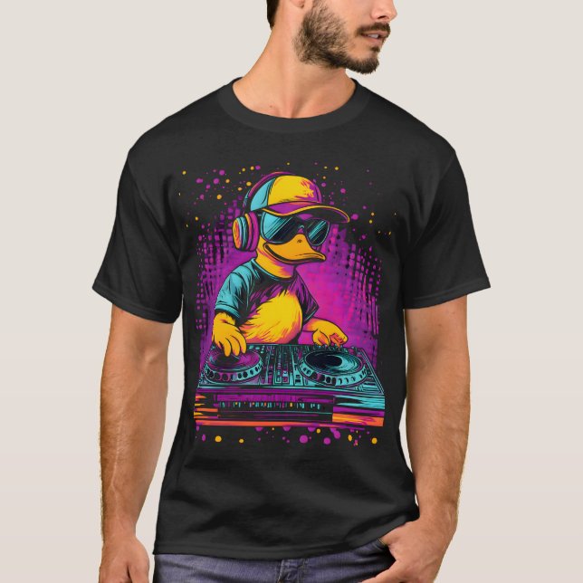 DJ Duck with Headphones – Neon Glitch Party Vibes T-Shirt (Front)
