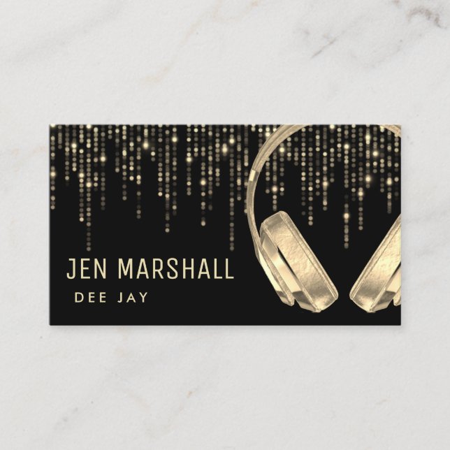 DJ faux gold foil dots rain music headphones Business Card (Front)