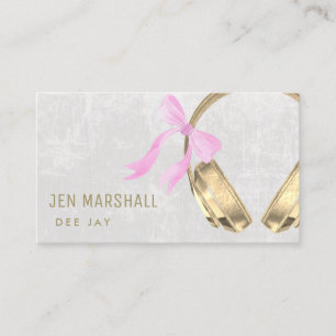 DJ faux gold foil headphones pink bow Business Card