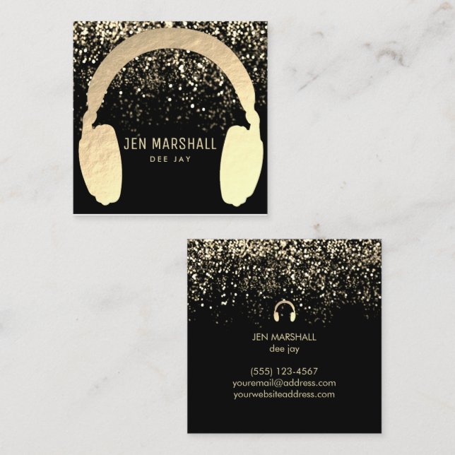 DJ faux gold foil headphones Square Business Card (Front/Back)