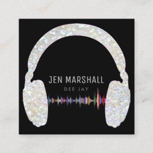 DJ faux grey glitter music headphones Square Business Card