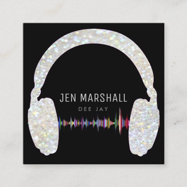DJ faux grey glitter music headphones Square Business Card (Front)