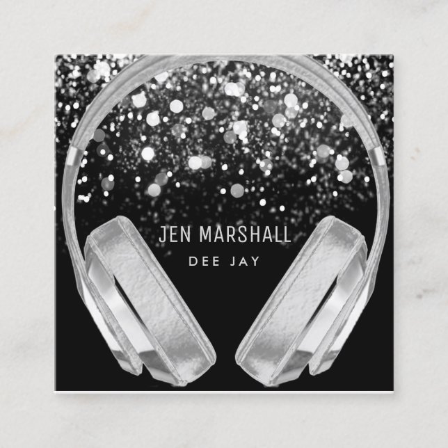 DJ faux silver foil effect headphones Square Business Card (Front)