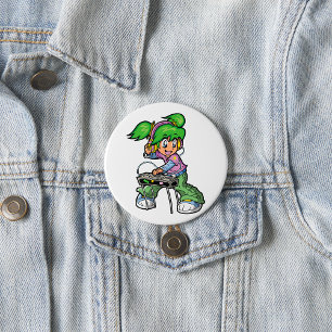 DJ Girl with Green Hair and Headphones 7.5 Cm Round Badge