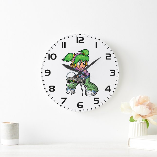 DJ Girl with Green Hair and Headphones  Large Clock (Creator Uploaded)