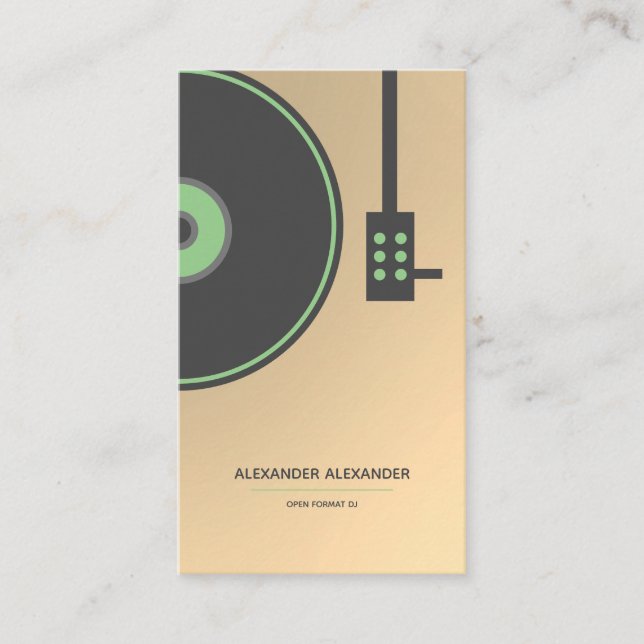 DJ Gold Faux & Green Turntable Minimalist Business Card (Front)