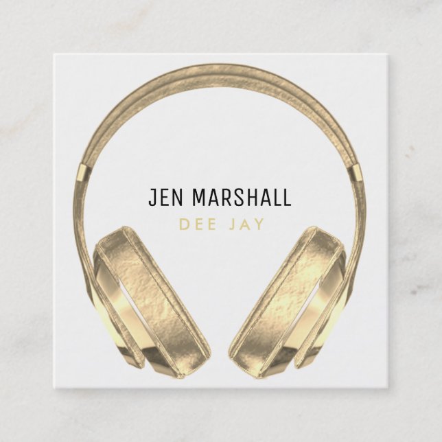 DJ golden headphones on white Square Business Card (Front)