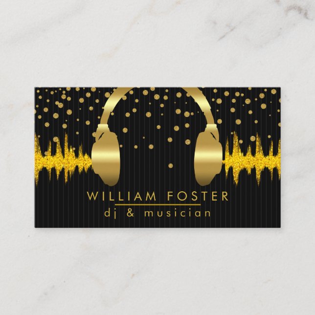 DJ Headphone Gold Confetti Sound Beats Music Business Card (Front)