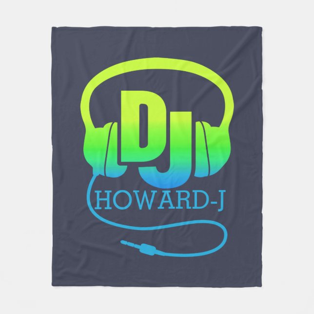 DJ headphones green blue add your own name  Fleece Blanket (Front)