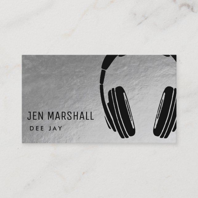 DJ headphones on faux silver Business Card (Front)