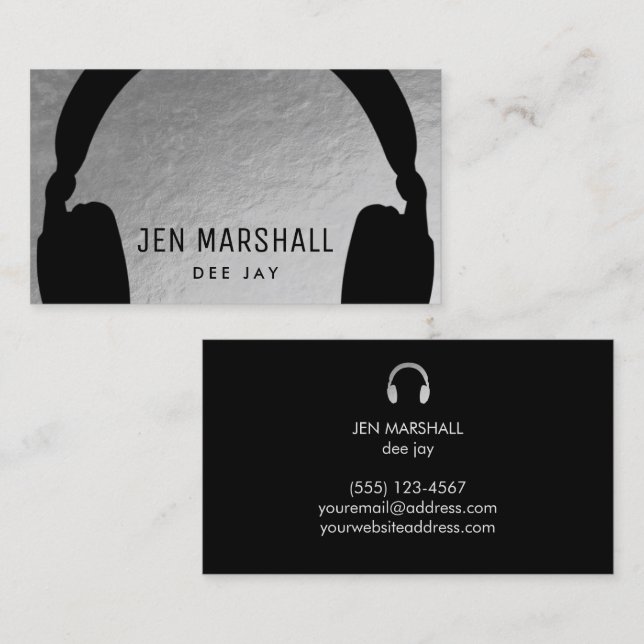 DJ headphones on faux silver foil Business Card (Front/Back)