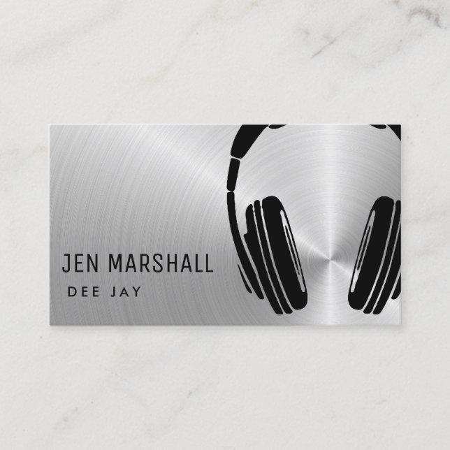DJ headphones on faux silver metal Business Card (Front)