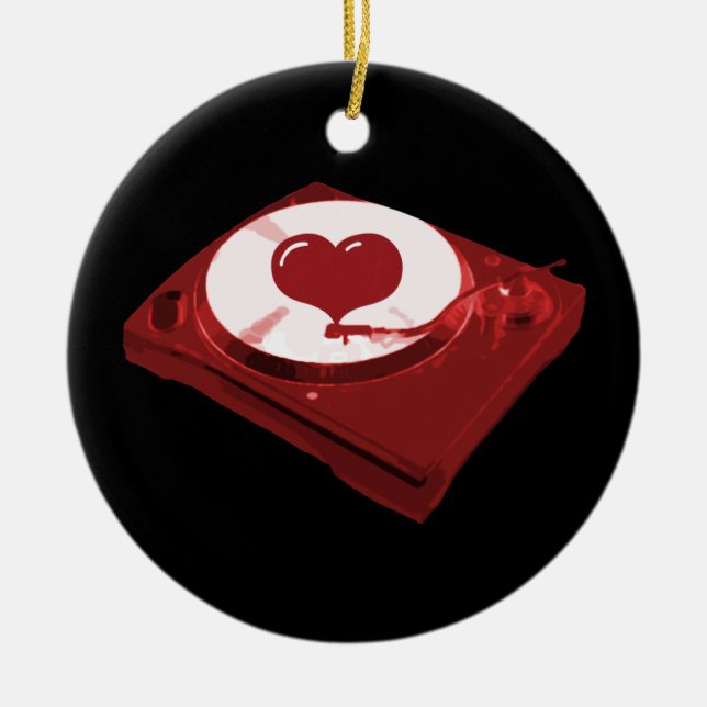 DJ Heart Turntable Ceramic Tree Decoration (Front)