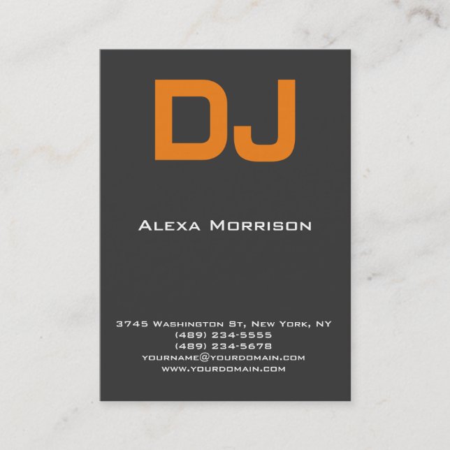 DJ Modern professional grey orange Business Card (Front)