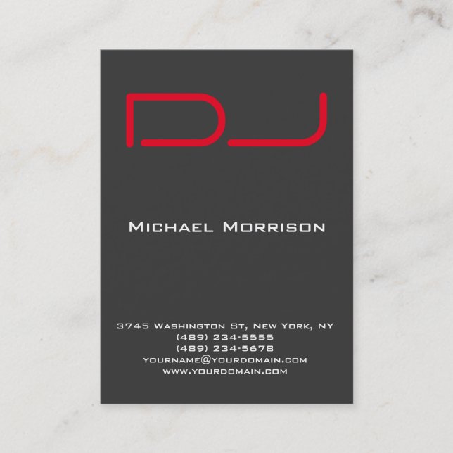 DJ Modern professional grey red Business Card (Front)