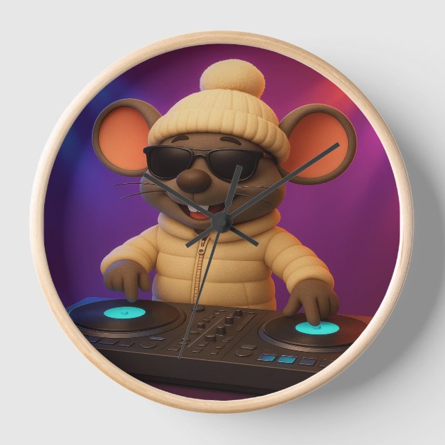 DJ Mouse Wall Clock | Funny Winter Party Animal De (Front)