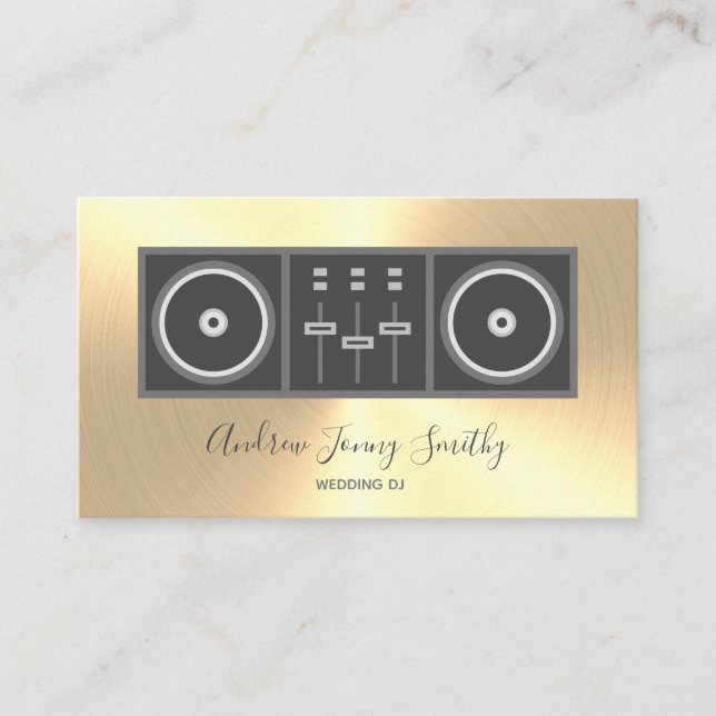 DJ Music Turntable & DJ Mixer Logo - Gold Faux Business Card (Front)