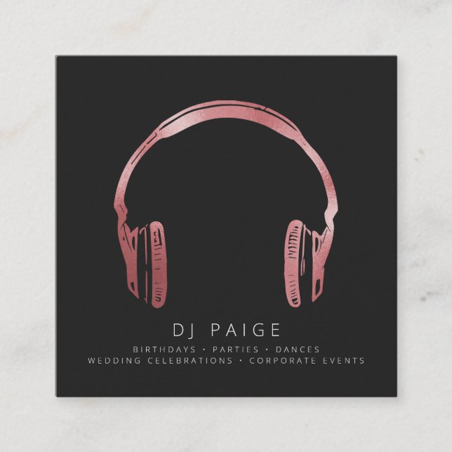 DJ Rose Gold Headphones Logo Black Square Business Card (Front)