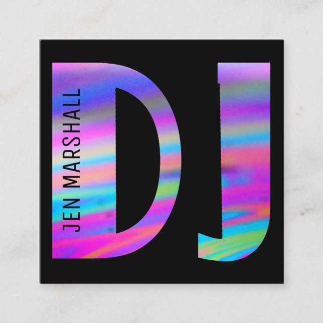 DJ script on faux holographic colours Square Business Card (Front)