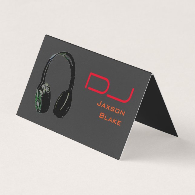 DJ Stylish Red Orange Grey Background Headphone Business Card (Front)