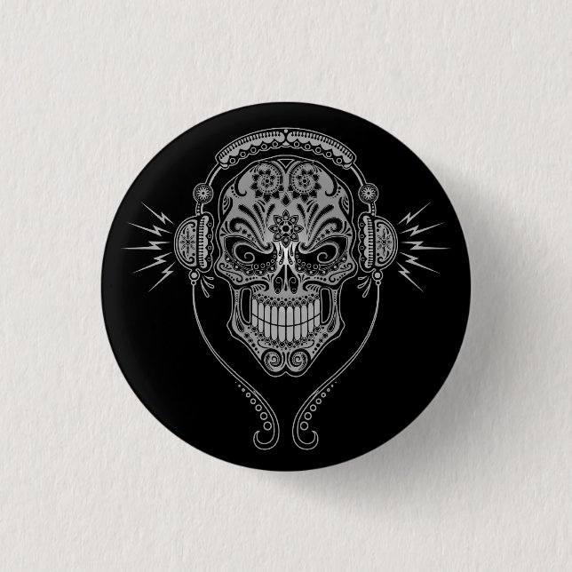 DJ Sugar Skull – Black 3 Cm Round Badge (Front)