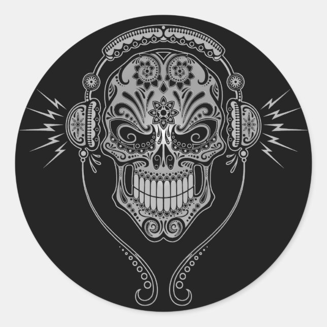 DJ Sugar Skull – Black Classic Round Sticker (Front)