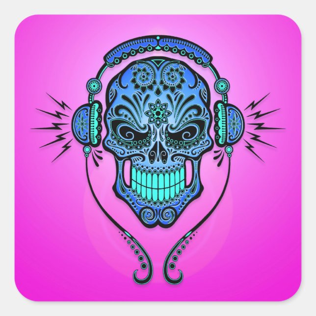 DJ Sugar Skull – Blue and Purple Square Sticker (Front)