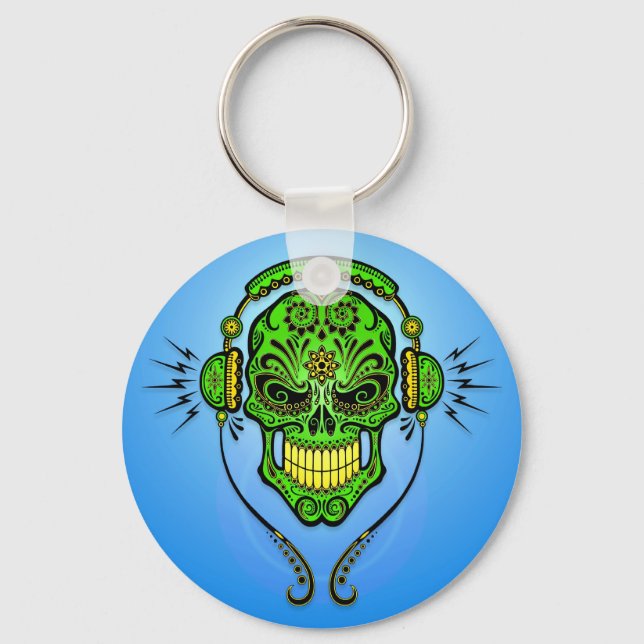 DJ Sugar Skull – Green and Blue Key Ring (Front)