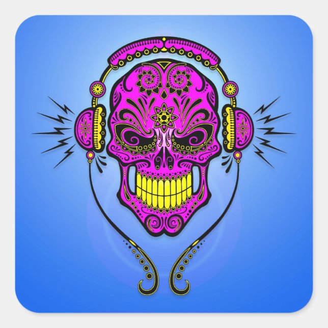 DJ Sugar Skull – Purple and Yellow Square Sticker (Front)